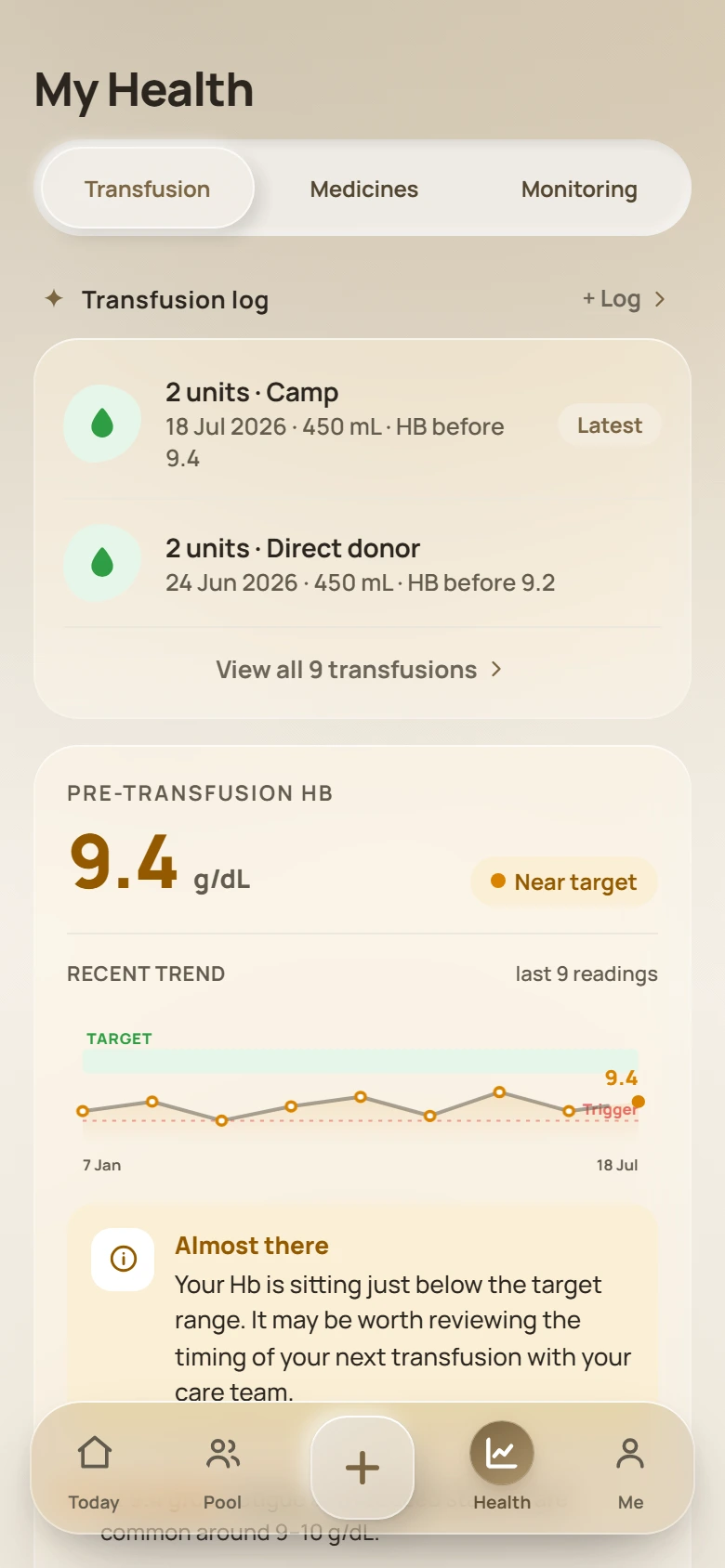 The MUIY Health screen with the transfusion log and haemoglobin trend.