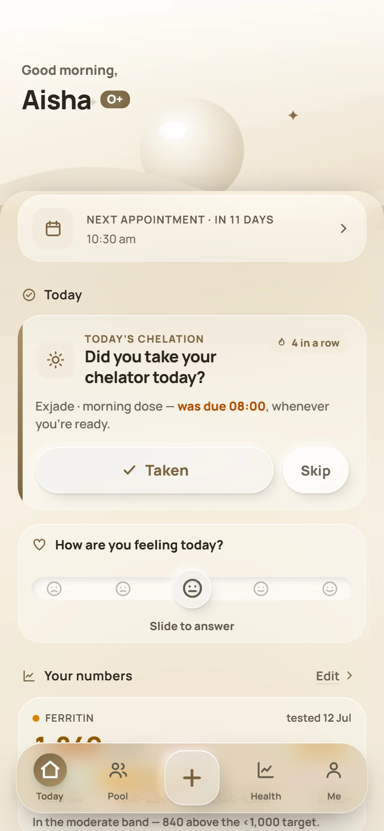 The MUIY Today screen with the chelation check-in and the Your numbers cards.